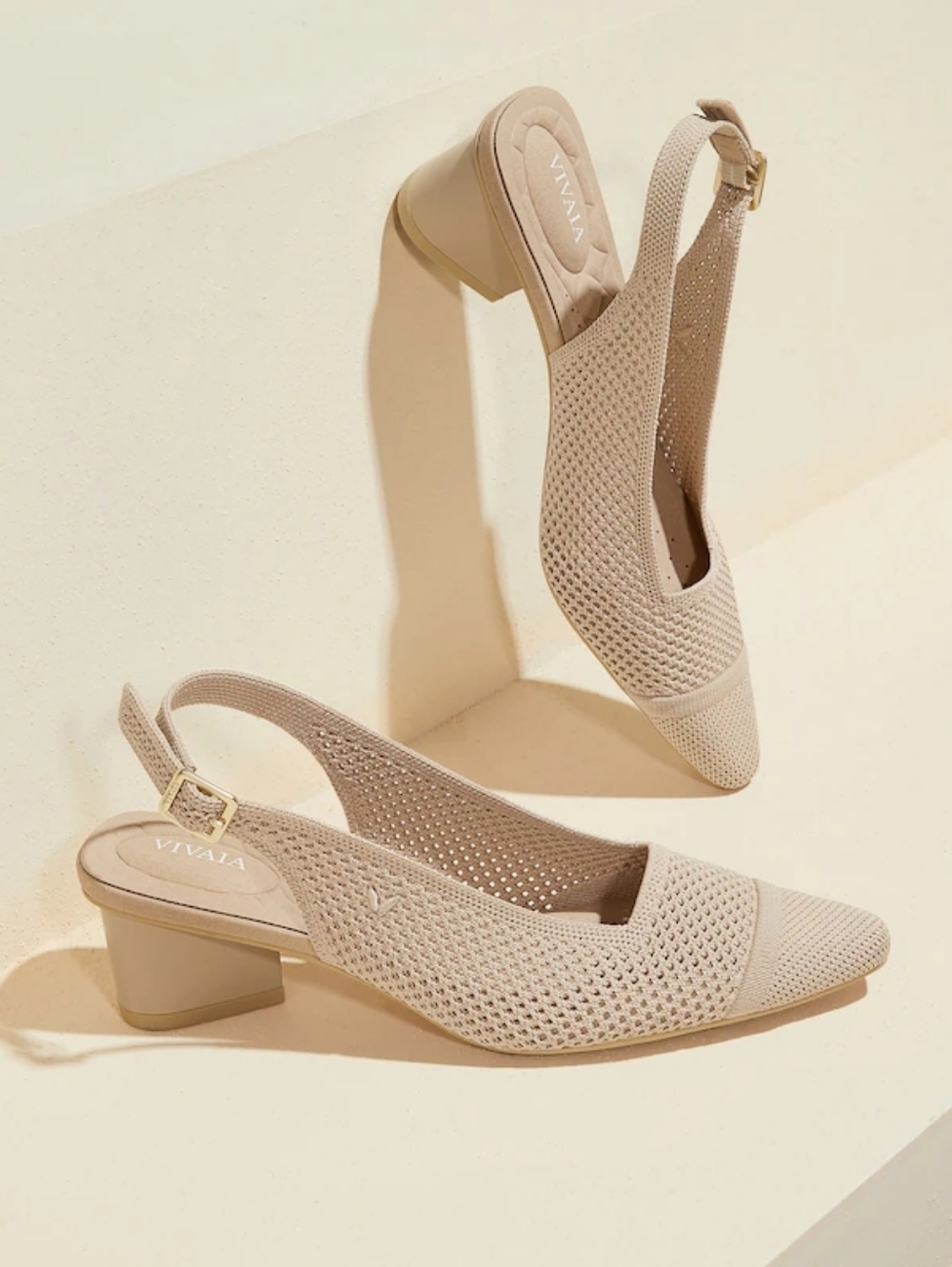 VIVAIA Women's Beige Slingback Block Heel Pumps